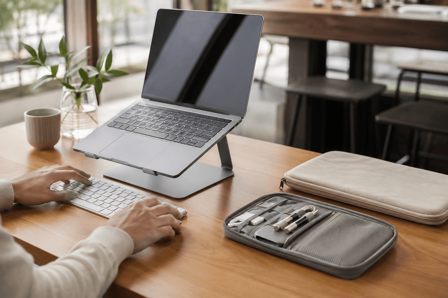 Padded Laptop Sleeve details and workspace context