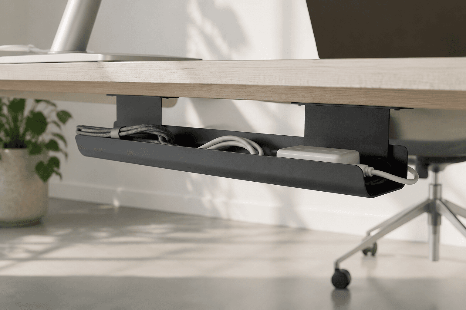 Under-Desk Cable Tray Adhesive in graphite and silver finish